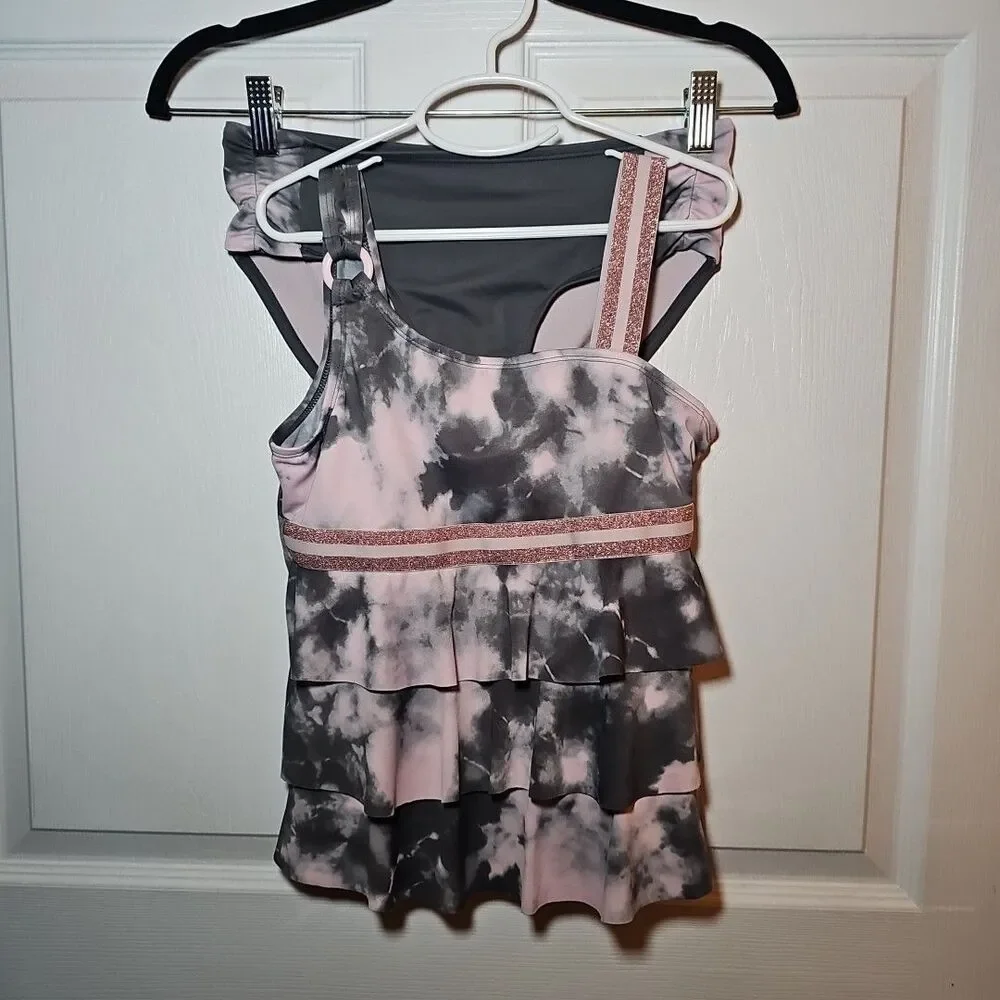 Justice Girls Pink Gray 2 Piece Bathing Suit Tankini 14